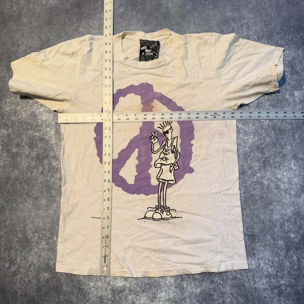 Vintage 1985 Fido Dido Peace of Mind T-Shirt Changes Tag Mens Large Cream Purple